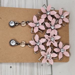 Pink Flowers w/Rhinestones on Silver Dangling Earrings